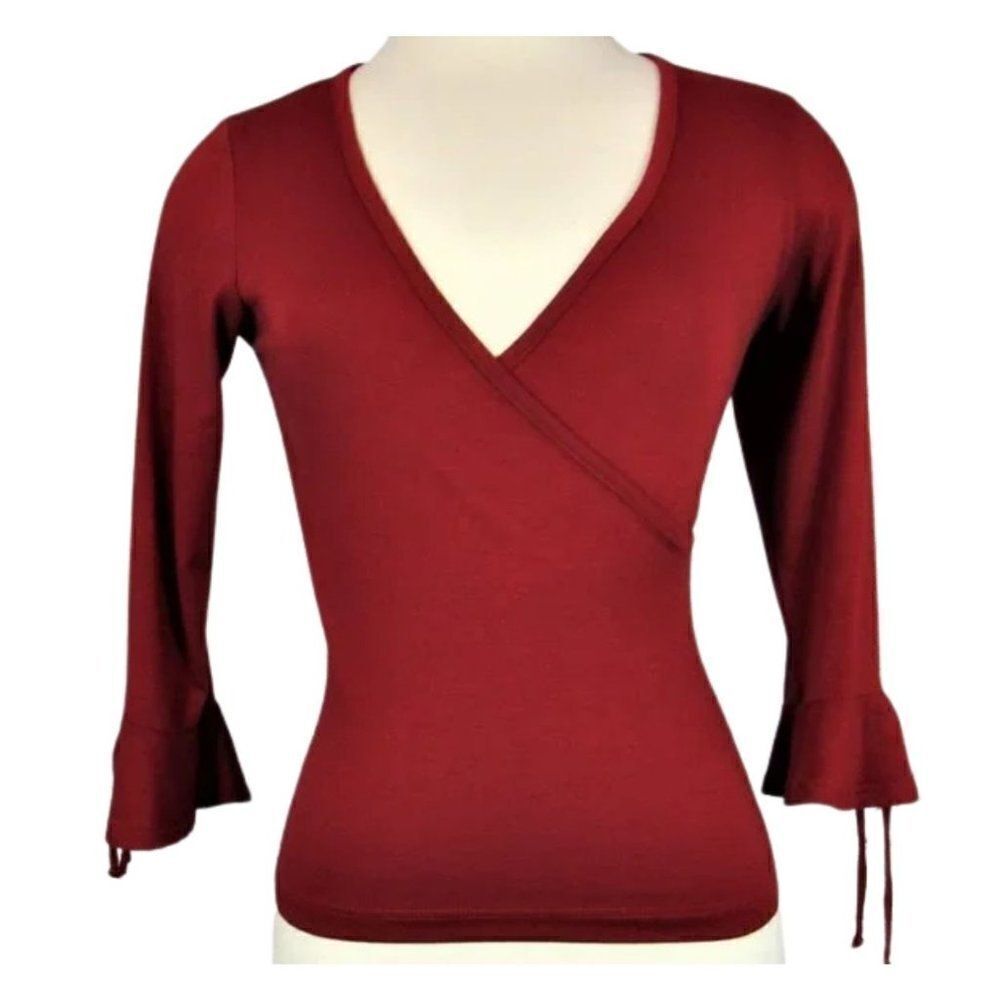 Knit Top Surplice V-Neck 3/4 Sleeve Flutter Cuffs with Bows Red Women's Small
